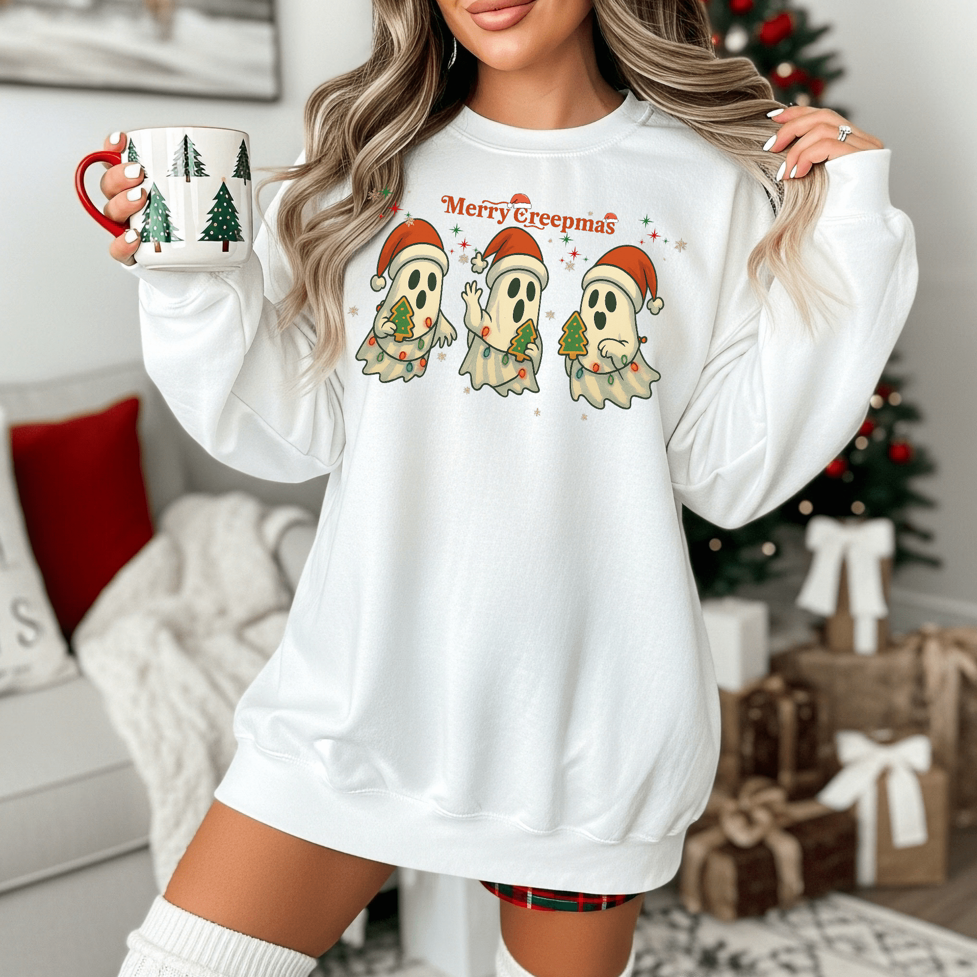 Merry Creepmas ghost trio Crewneck Sweatshirt | Christmas spooky holiday - Boo Crew Boutique
