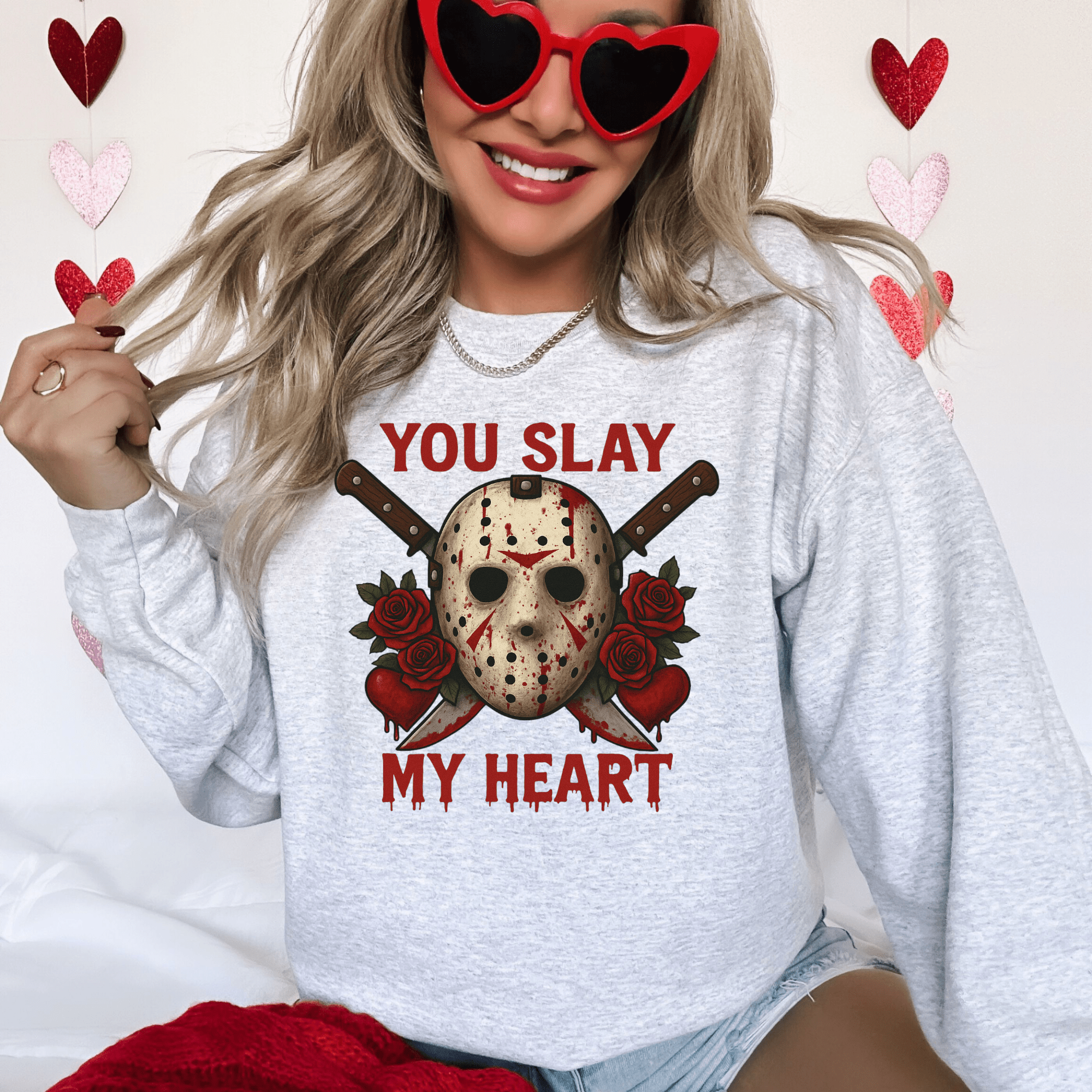 You Slay My Heart Jason Voorhees Valentine's Sweatshirt | Horror Rose Graphic, Valentine's Horror Sweatshirt, Gift for Horror Fan - Boo Crew Boutique