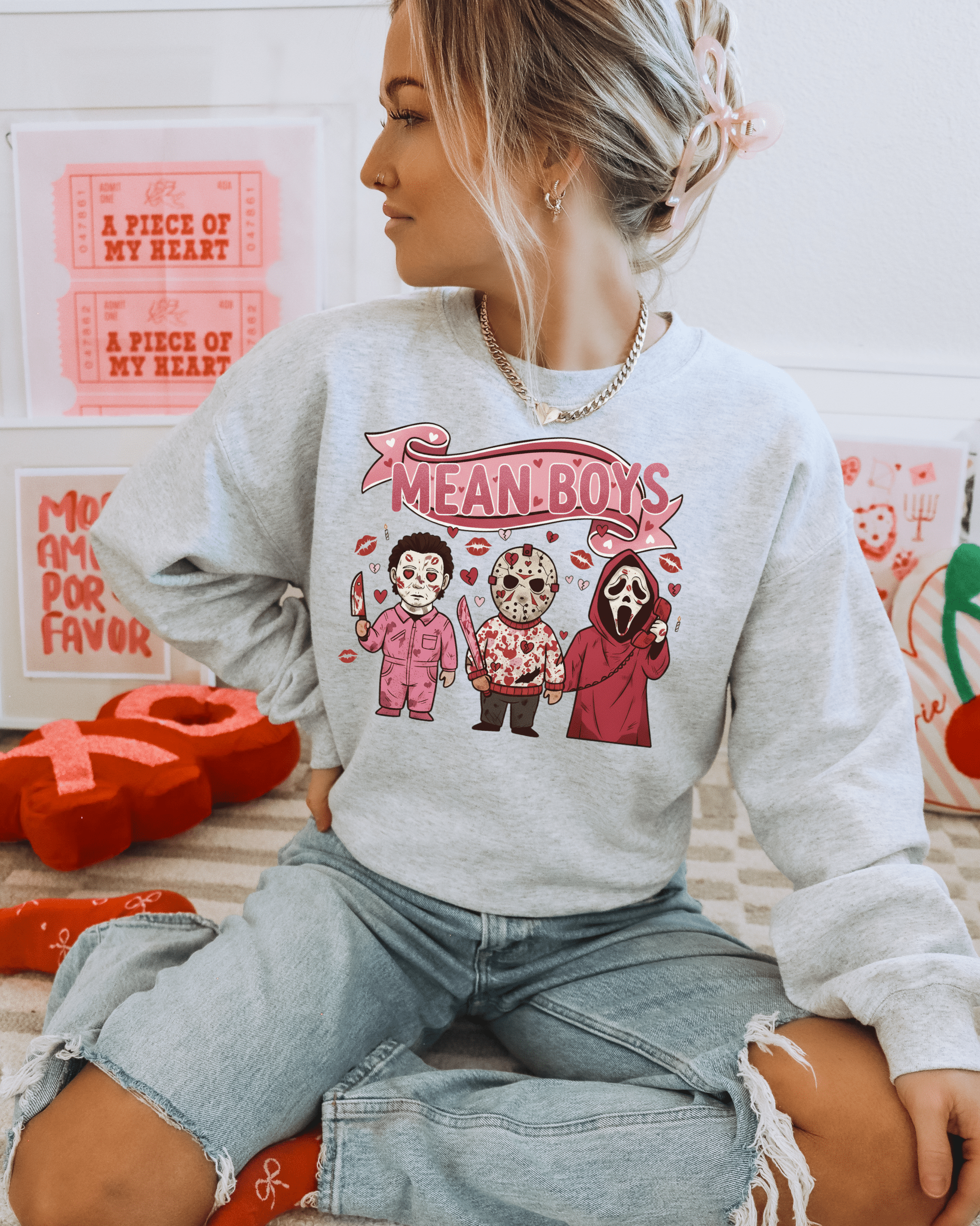 Mean Boys horror trio Sweatshirt | Jason Vorhees, Michael Myers, Ghostface Valentine's Attire, Gift for Horror Fan - Boo Crew Boutique