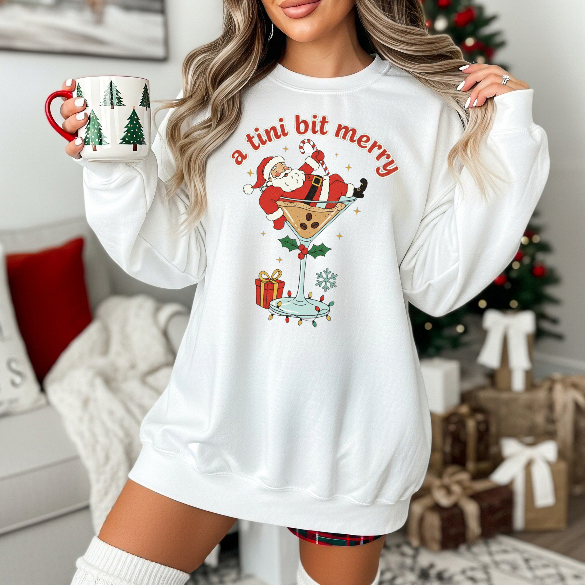 A Tini Bit Merry Santa Martini Sweatshirt | Christmas Cocktail Holiday Crewneck, Gift for Espresso Martini Lovers