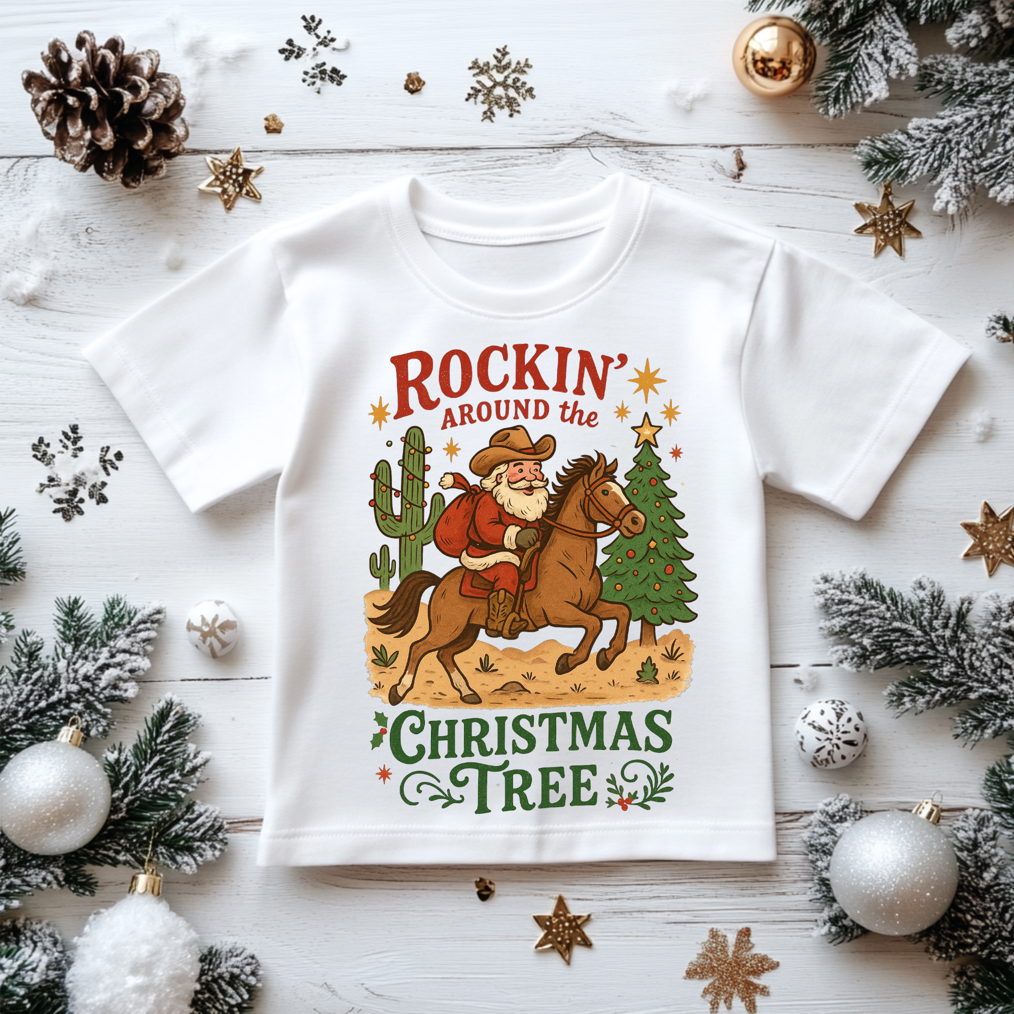 Rockin' Around the Christmas Tree Kids Tee | Cowboy Horse Holiday Graphic