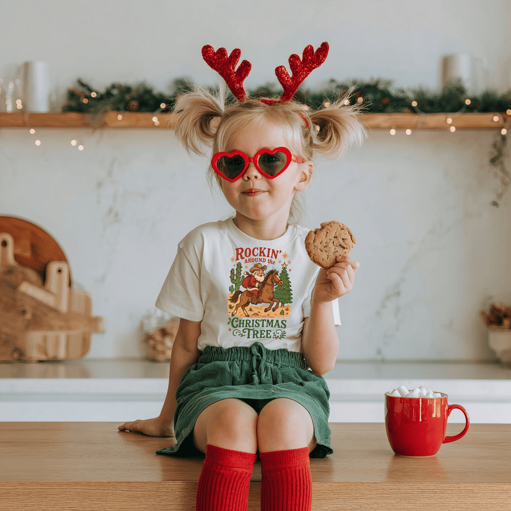 Rockin' Around the Christmas Tree Kids Tee | Cowboy Horse Holiday Graphic - Boo Crew Boutique