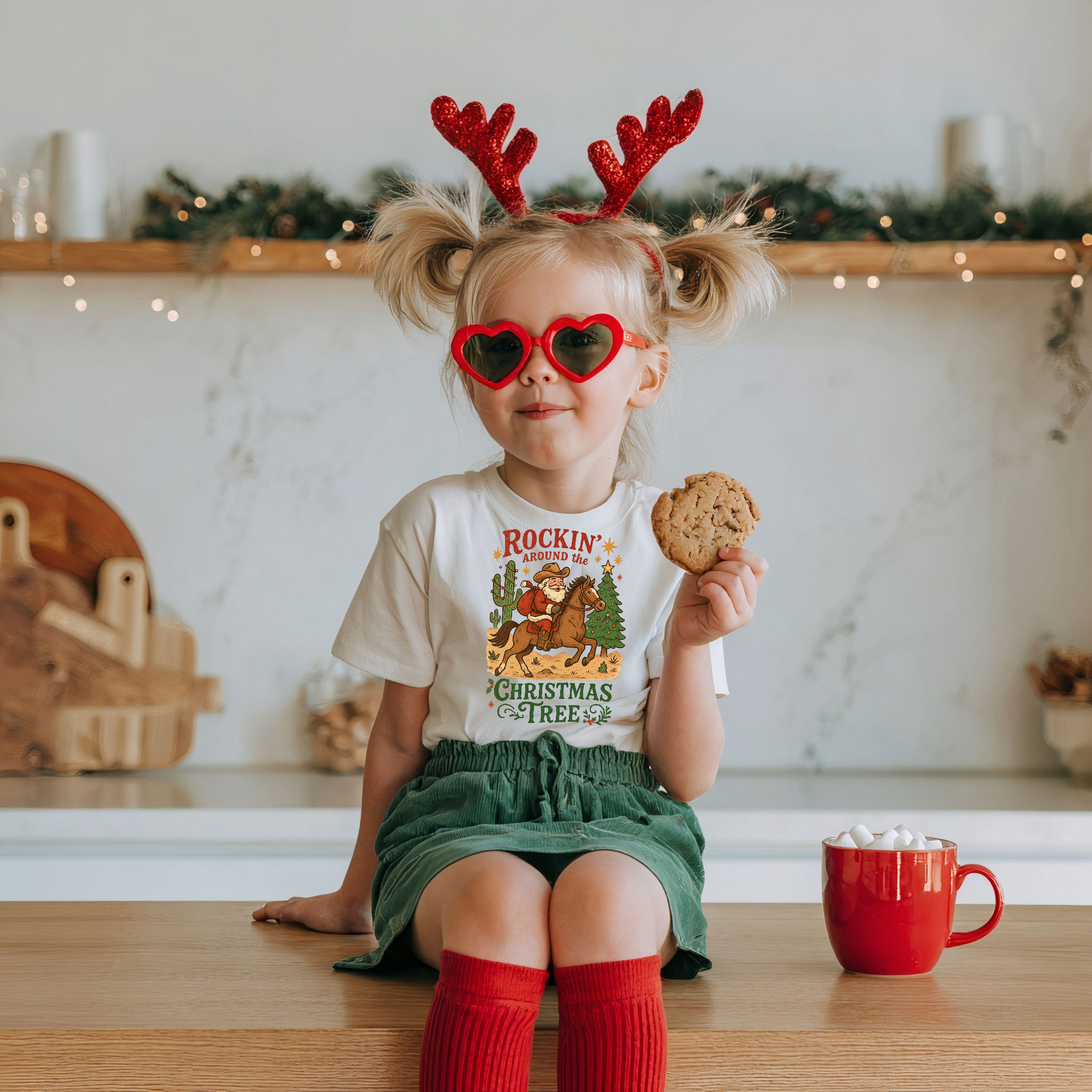 Rockin' Around the Christmas Tree Kids Tee | Cowboy Horse Holiday Graphic