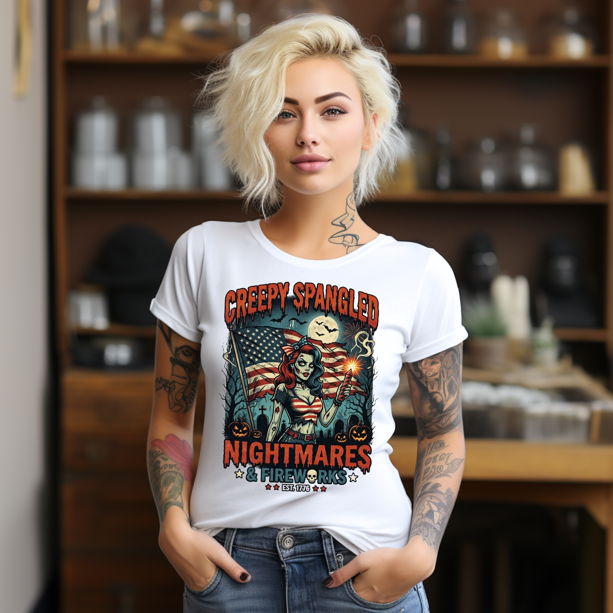 Creepy Spangled Nightmares T-Shirt — Patriotic Horror Graphic Tee