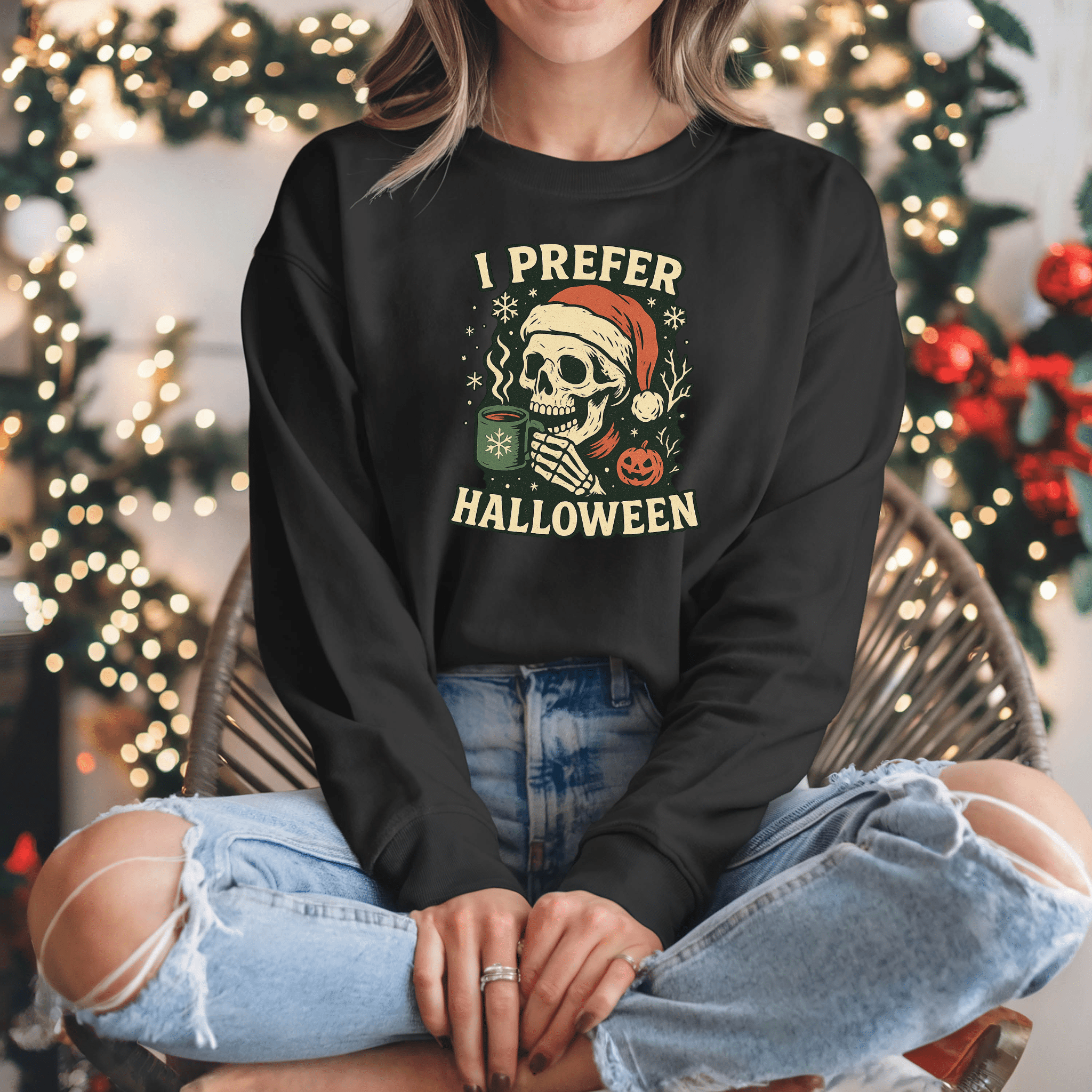 I Prefer Halloween skull with Santa hat Sweatshirt | Halloween Christmas mashup - Boo Crew Boutique