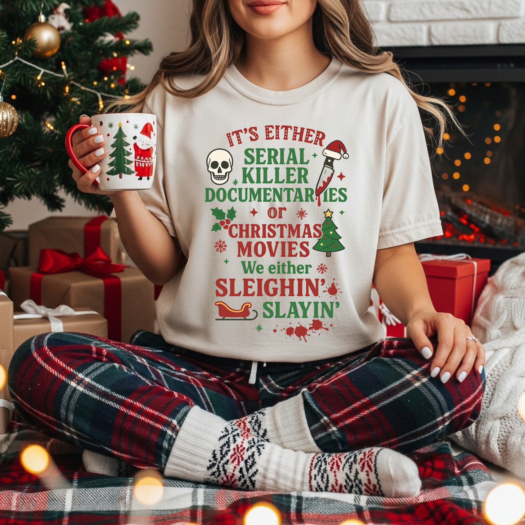 Funny Christmas T-Shirt — "Sleighin' Slayin'" Serial Killer vs Christmas Movies Tee