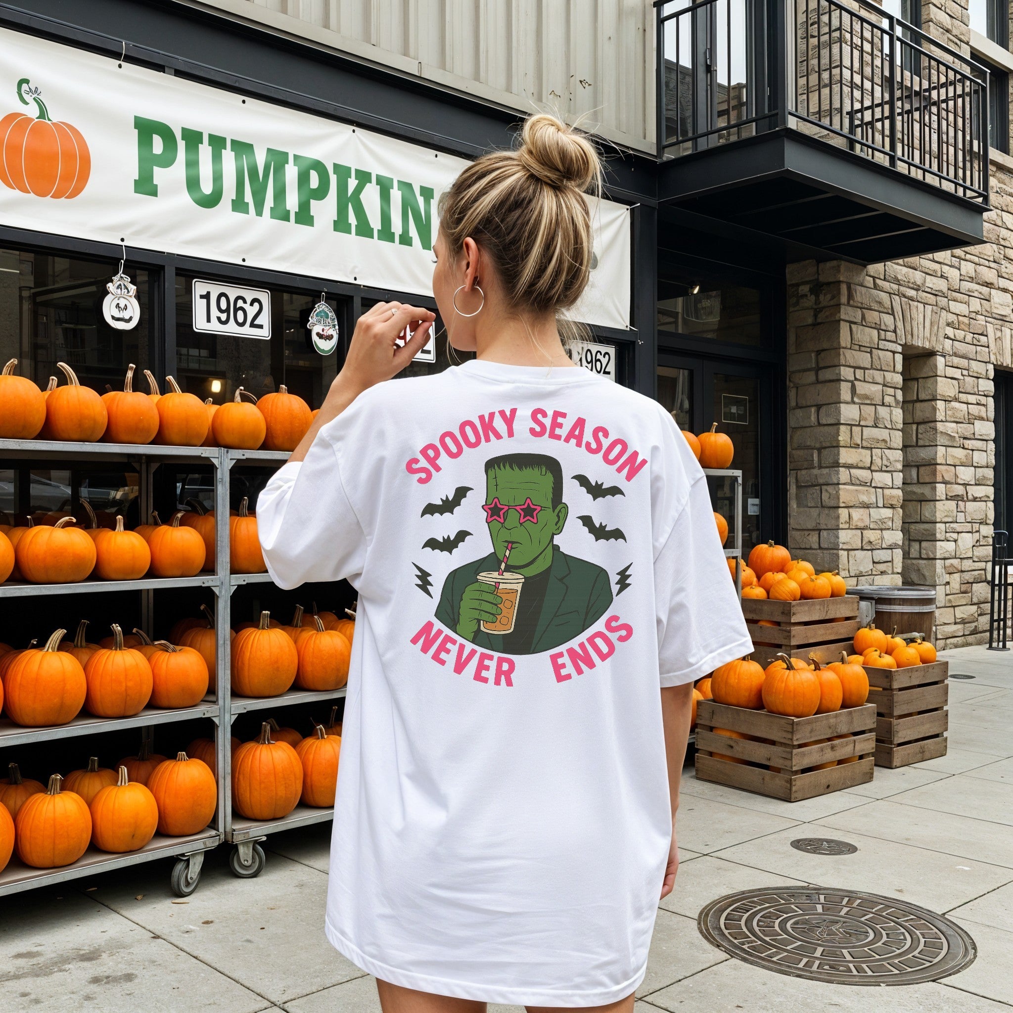Spooky Season Never Ends T-Shirt — Retro Frankenstein Halloween Graphic Tee - Boo Crew Boutique