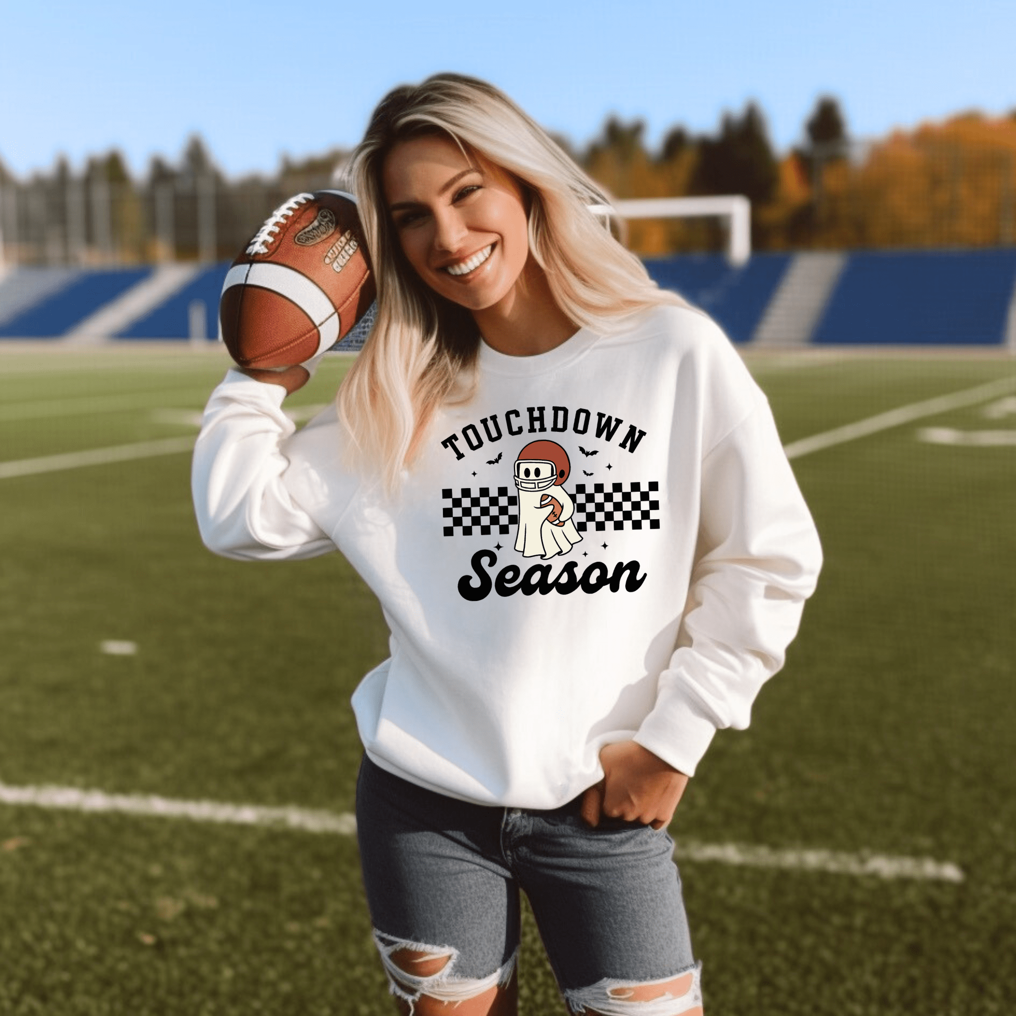 Touchdown Season Crewneck Sweatshirt — Vintage Football Dog Graphic - Boo Crew Boutique