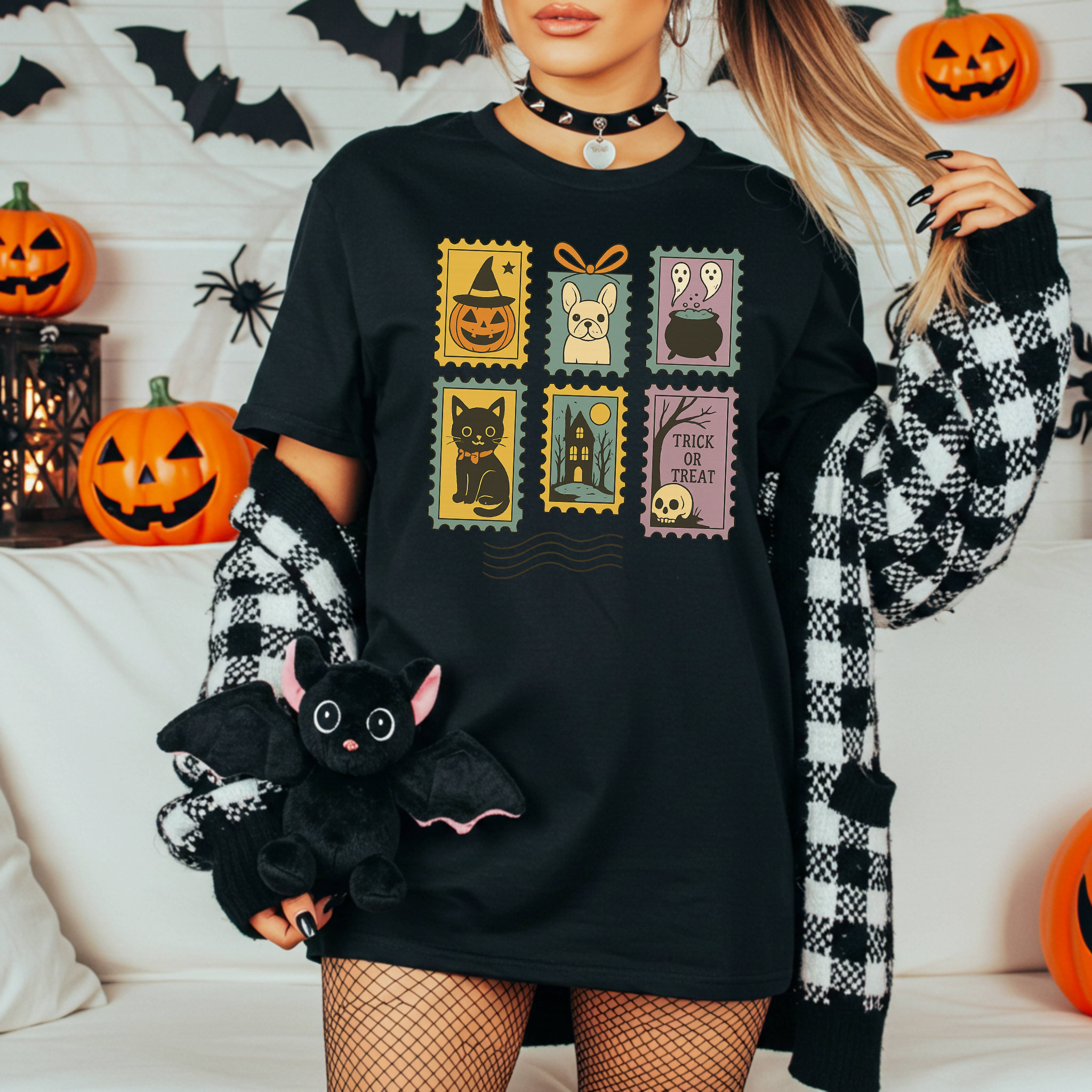 Halloween Stamps T-Shirt — Cute Halloween Postage Graphic Tee (Trick or Treat)