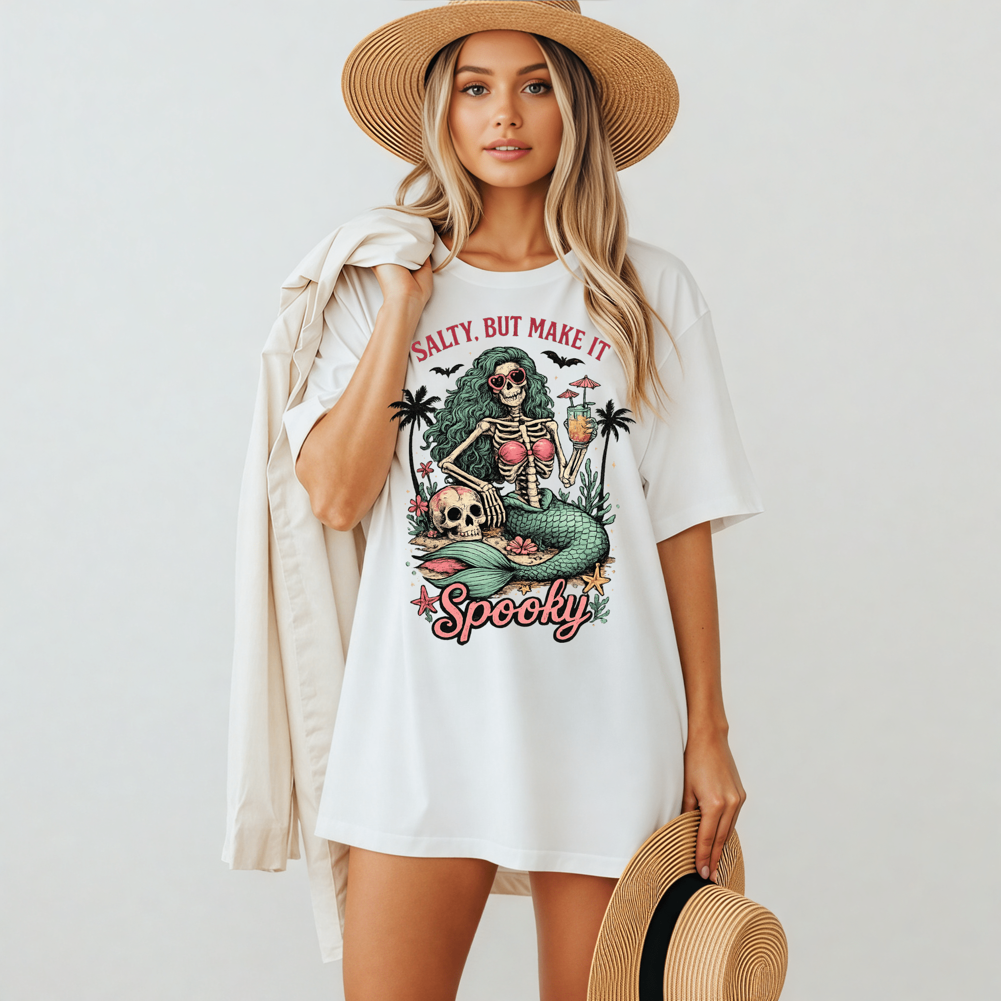 Spooky Mermaid Skeleton T-Shirt — "Salty, But Make It Spooky" Halloween Tee - Boo Crew Boutique