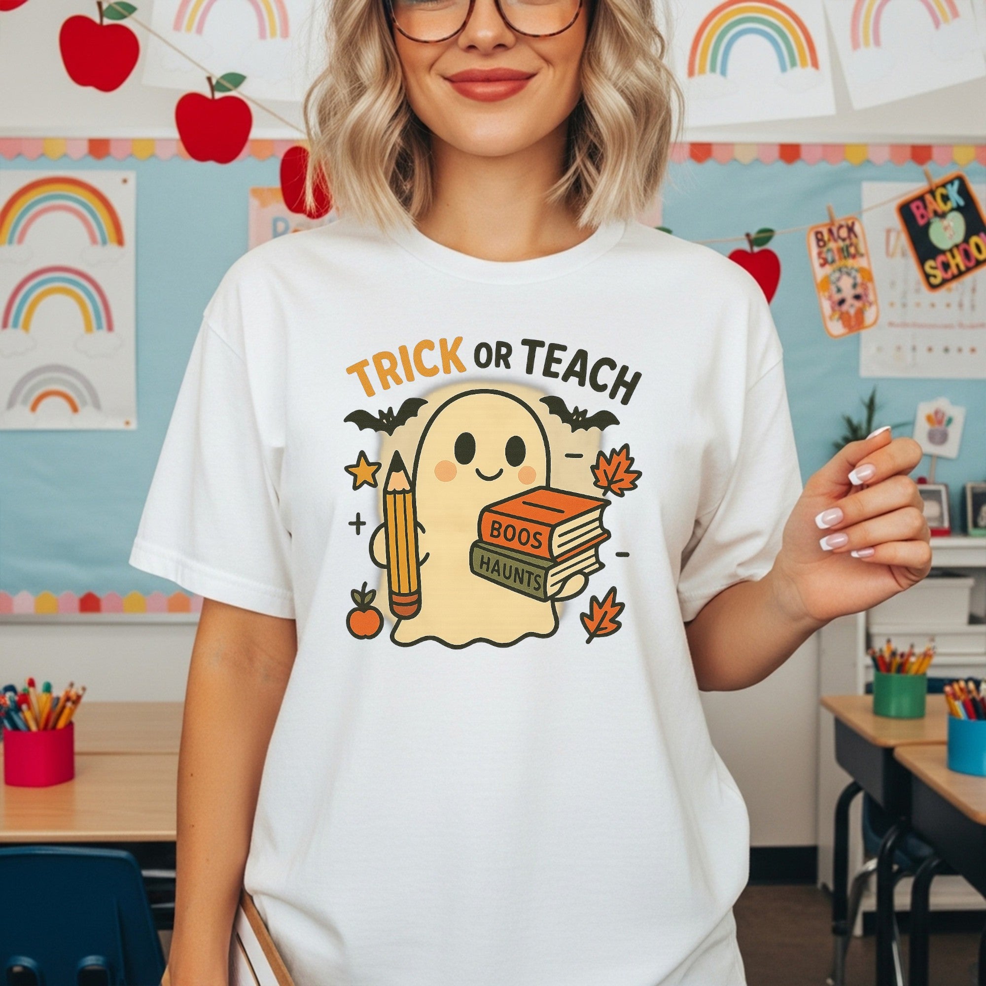 Trick or Teach Halloween Teacher T‑Shirt — Cute Ghost with Books & Pencil - Boo Crew Boutique