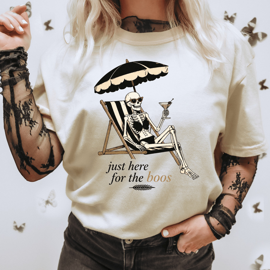Skeleton Beach T-Shirt — "Just Here for the Boos" Halloween Tee - Boo Crew Boutique
