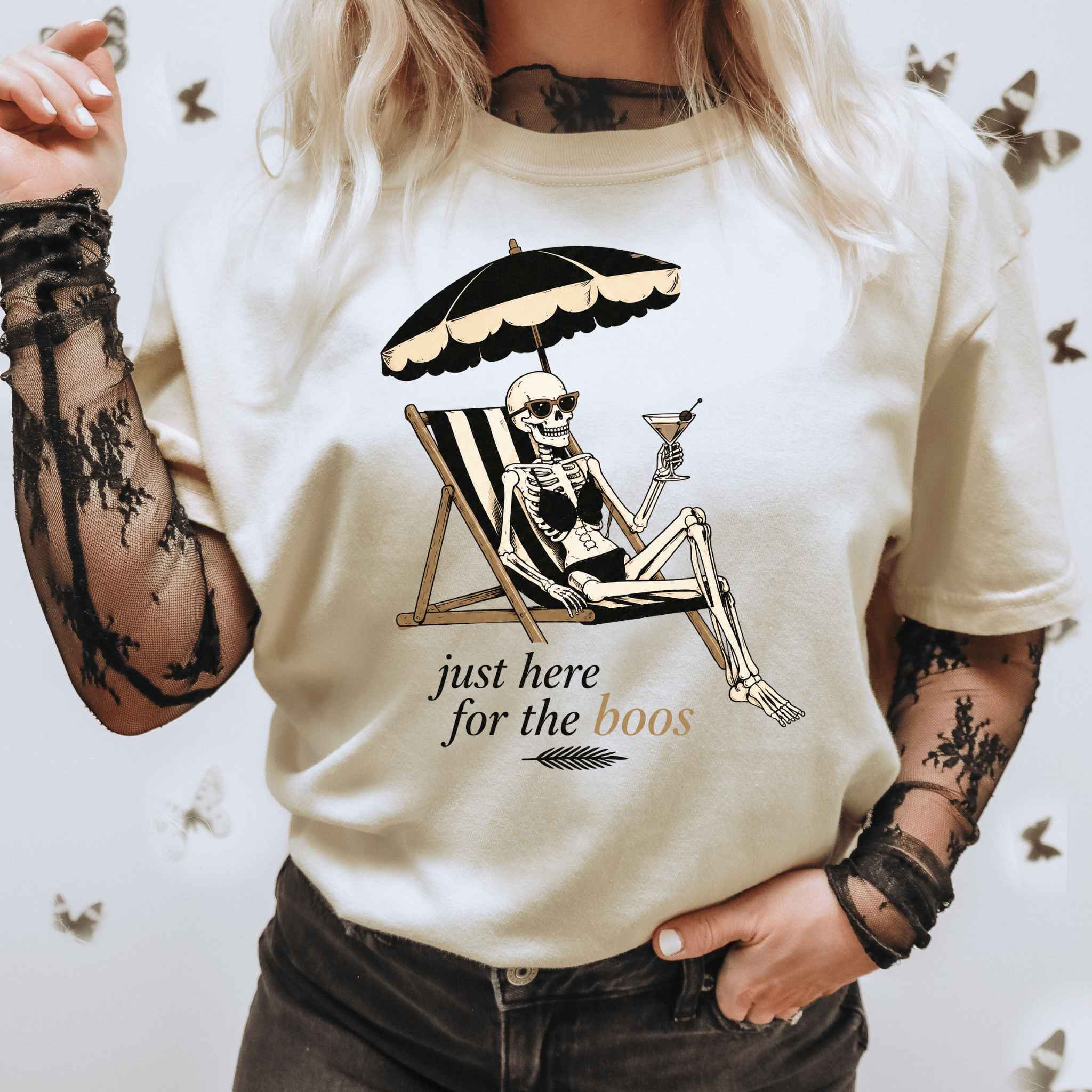 Skeleton Beach T-Shirt — "Just Here for the Boos" Halloween Tee - Boo Crew Boutique
