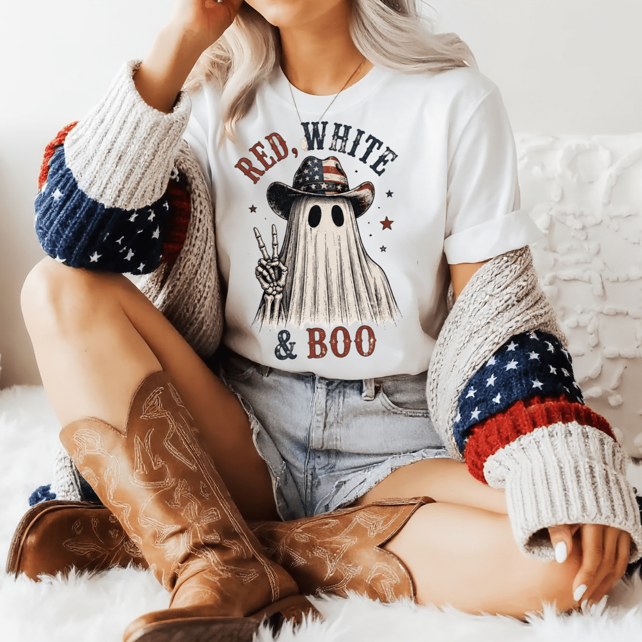 Red, White & Boo Ghost T‑Shirt — Patriotic Halloween Tee - Boo Crew Boutique