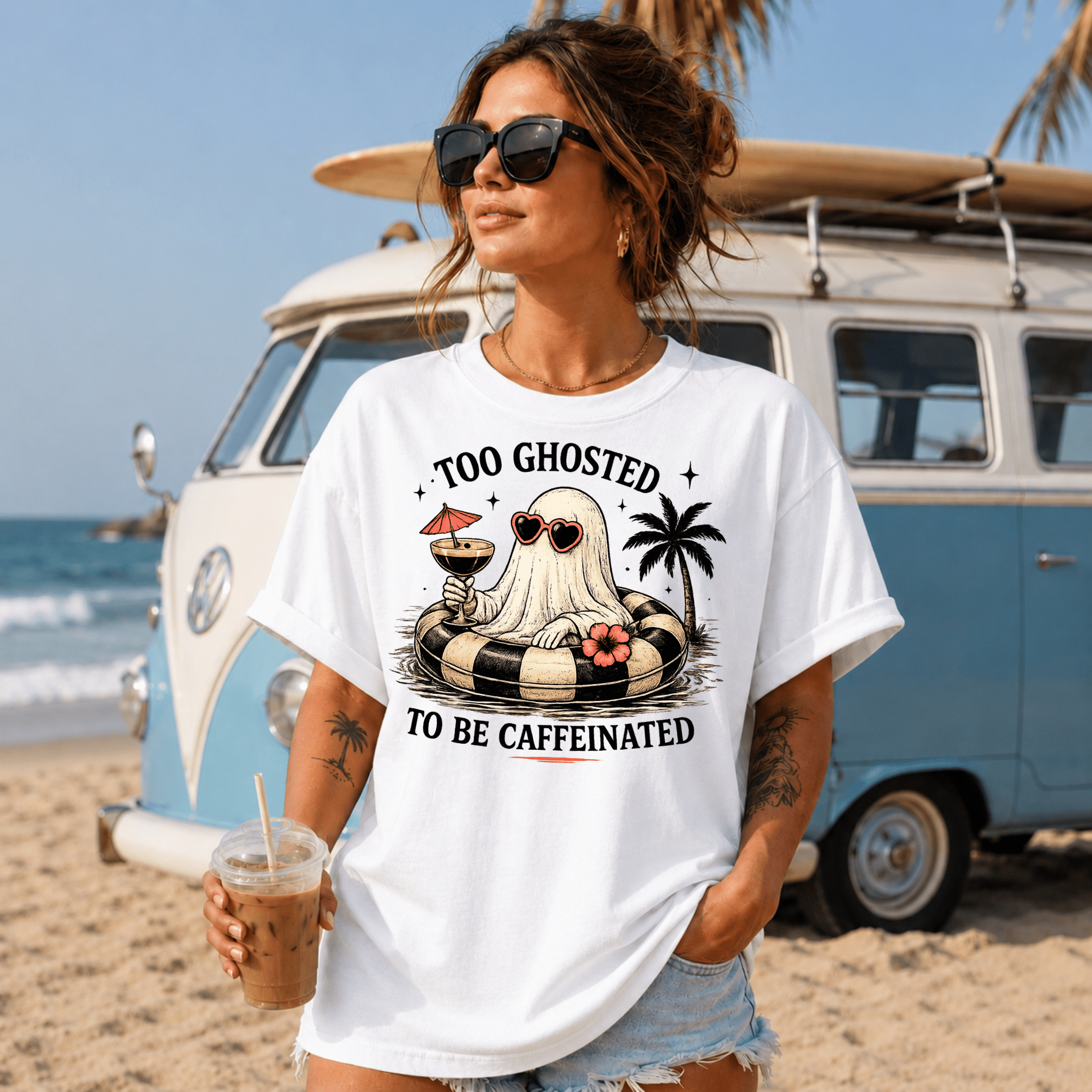 Too Ghosted To Be Caffeinated T-Shirt — Funny Retro Ghost Palm Tree Tee - Boo Crew Boutique