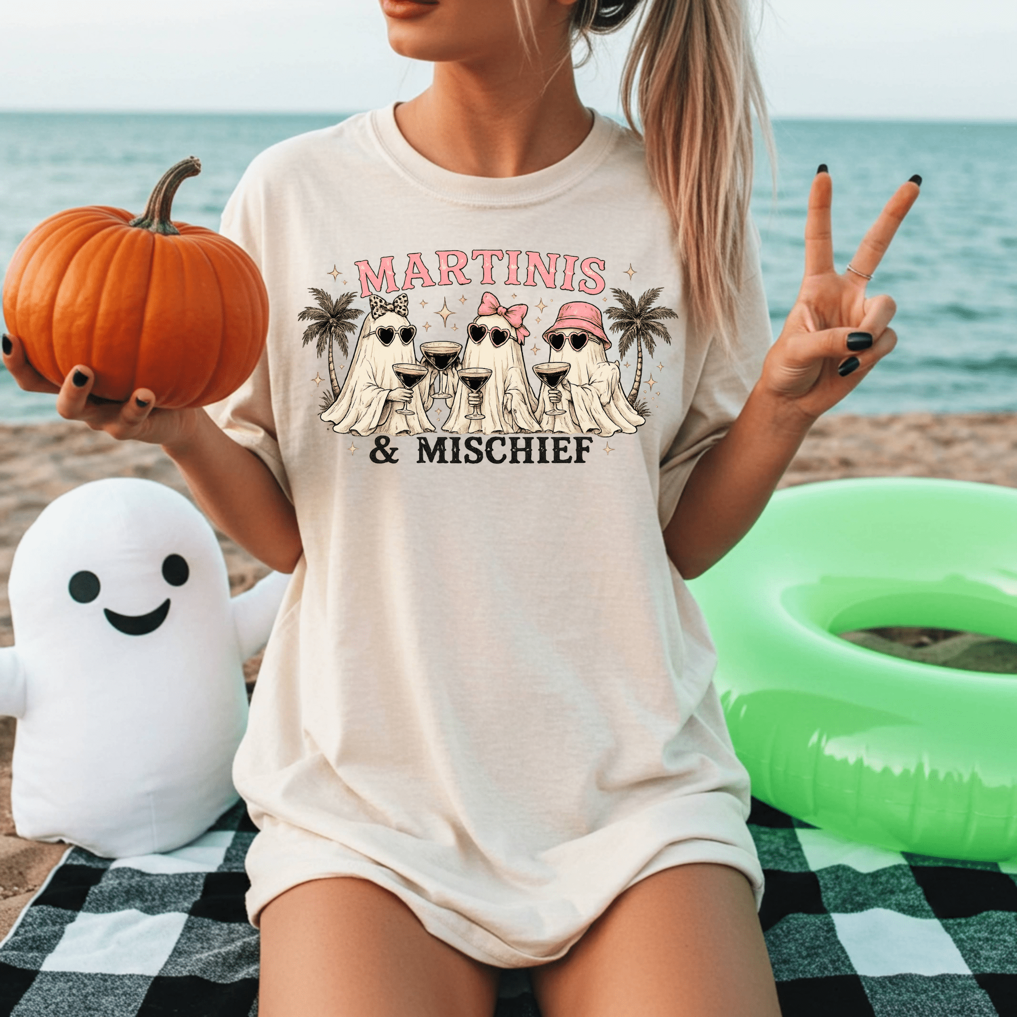 Martinis & Mischief T-Shirt — Funny Ghost Cocktail Tee for Women, Beachy Palm Party Shirt - Boo Crew Boutique