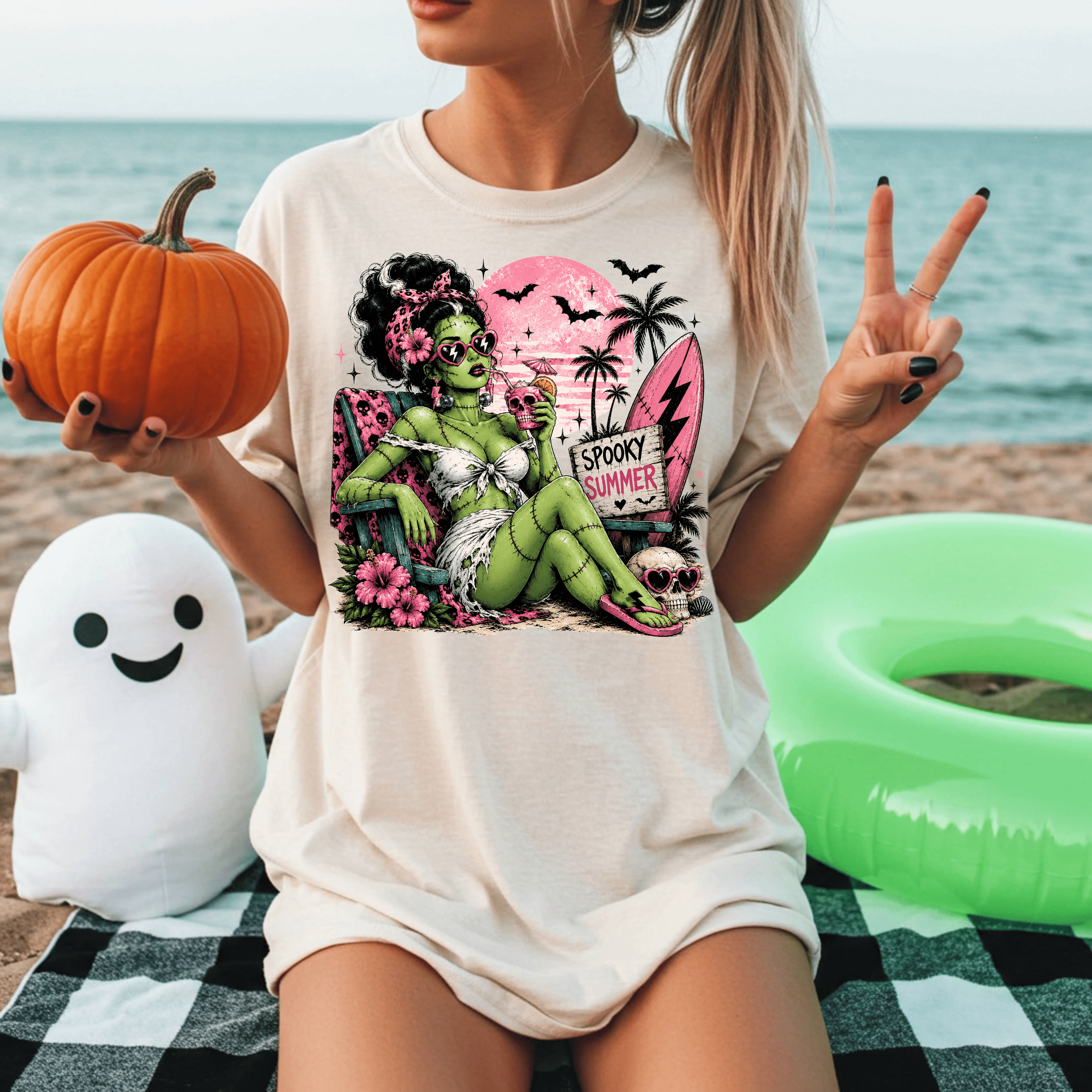 Spooky Summer Pin - Up T-Shirt — Retro Green Frankenstein Girl Beach Tee - Boo Crew Boutique
