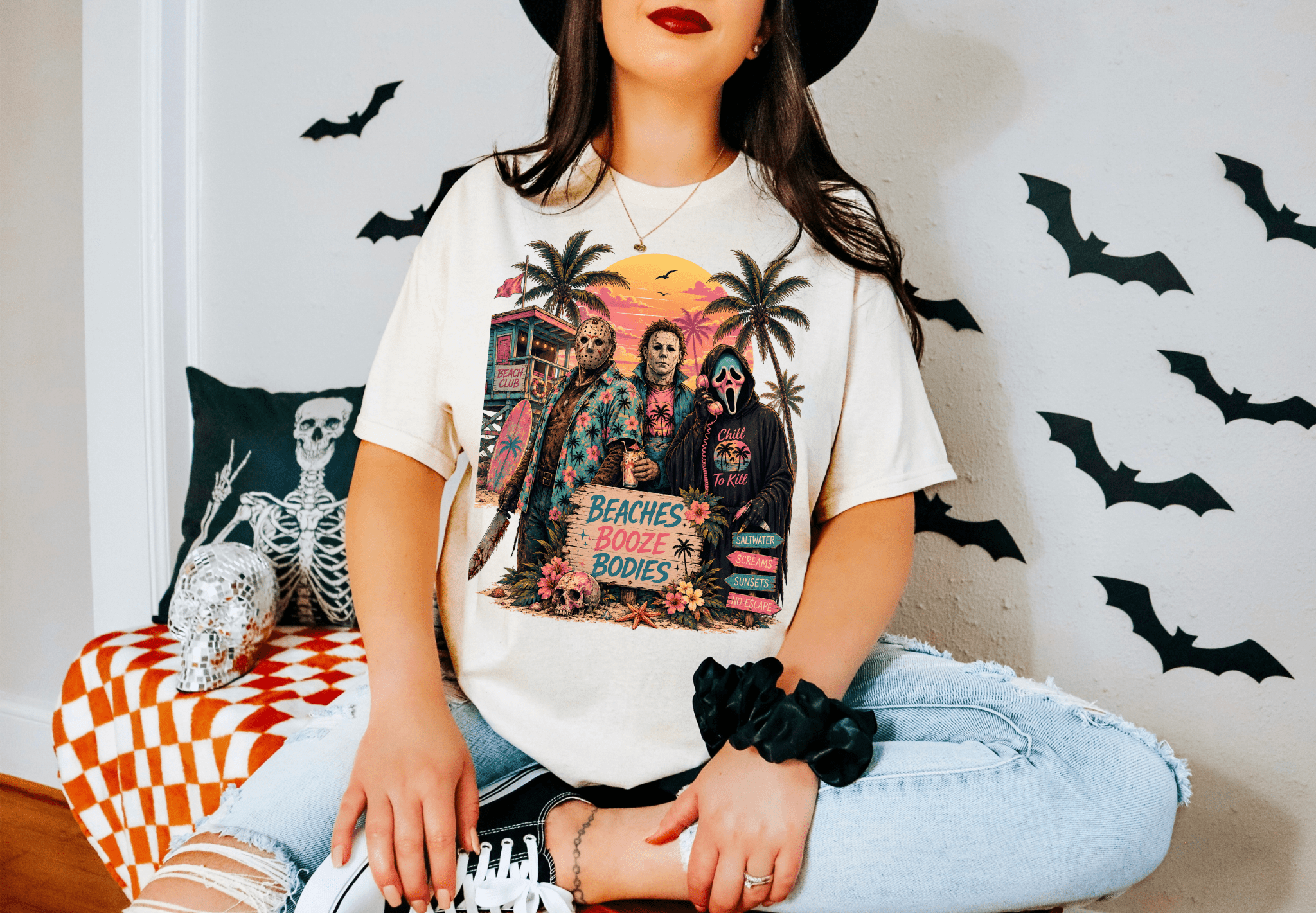 Horror Beach T-Shirt — 'Beaches, Booze & Bodies' Retro Sunset Graphic - Boo Crew Boutique
