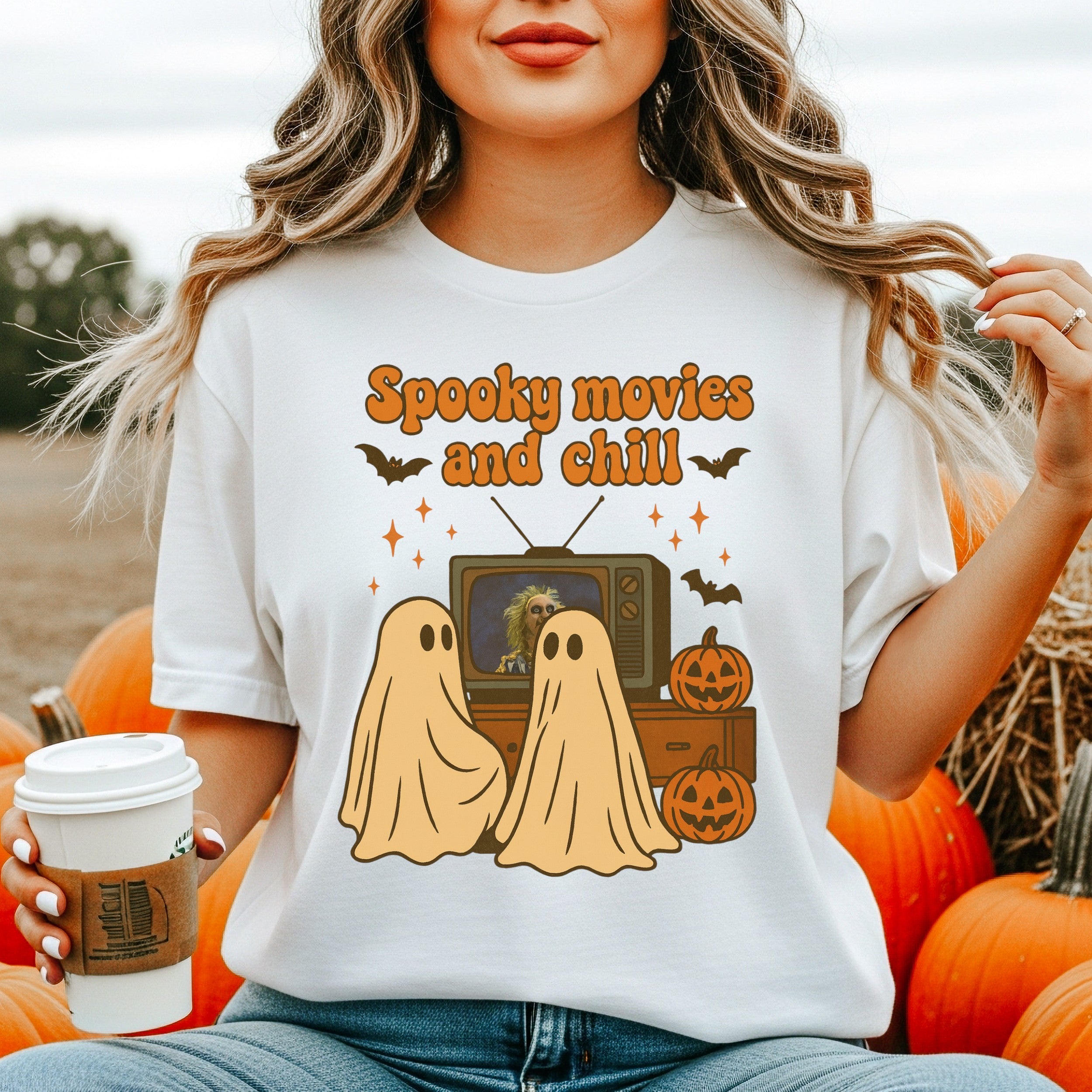 Spooky Movies and Chill T-Shirt — Cute Halloween Ghosts & Pumpkins Tee