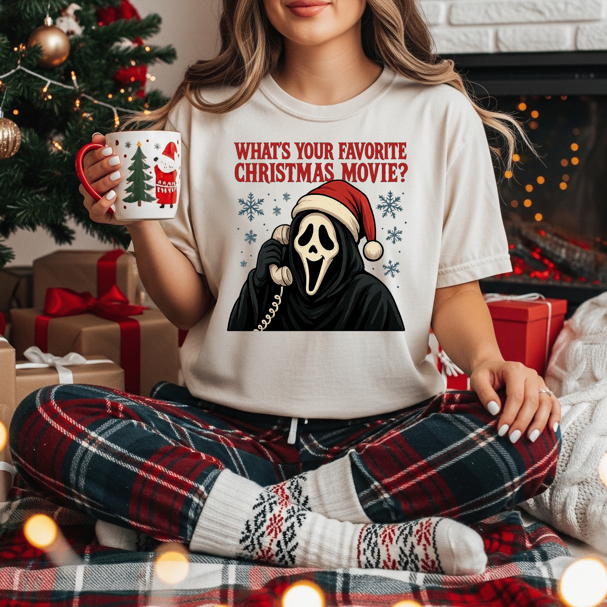 Scream Mask Christmas T-Shirt — "What's Your Favorite Christmas Movie?" Holiday Tee - Boo Crew Boutique