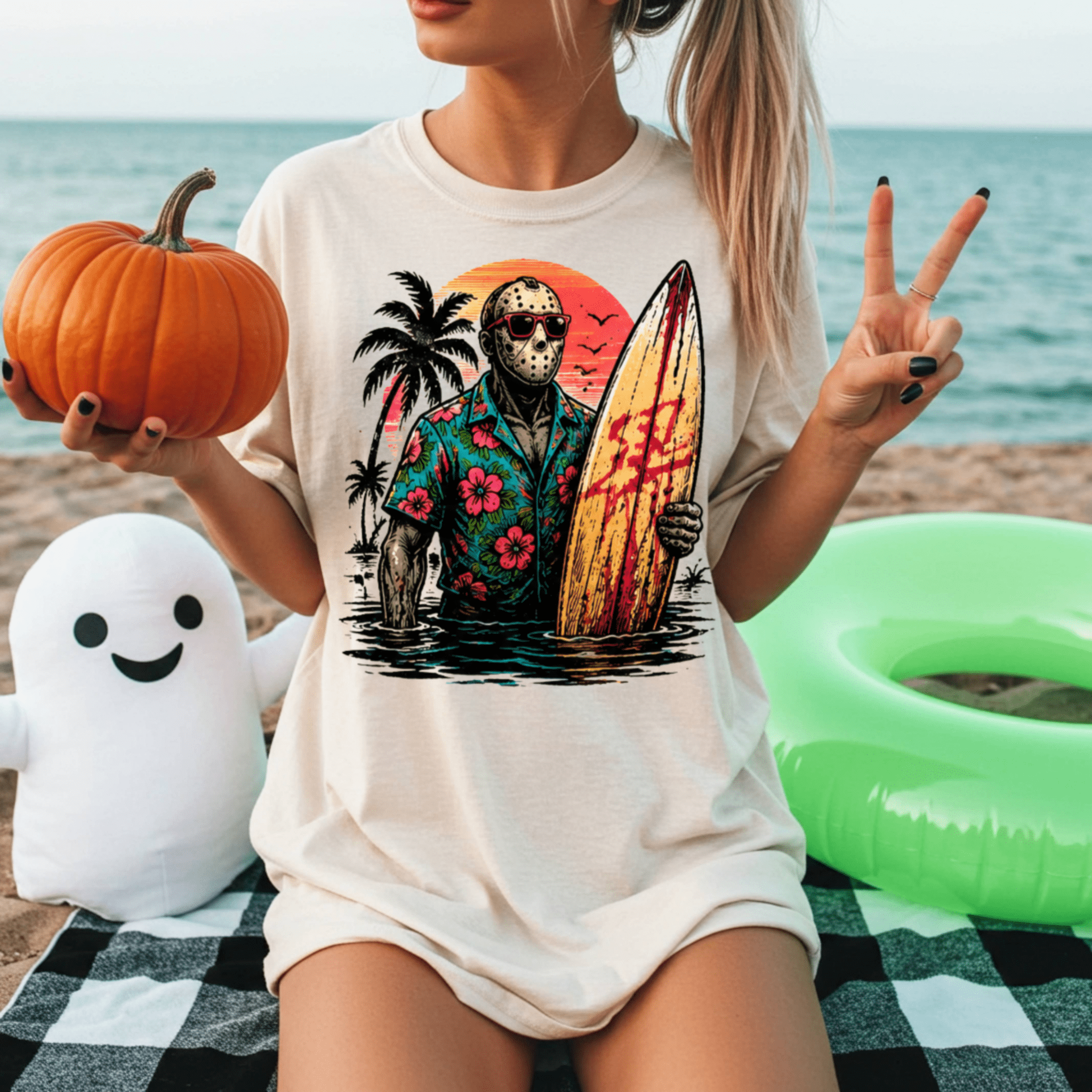 Horror Surfer T‑Shirt — Retro Jason Mask Beach Surf Design - Boo Crew Boutique