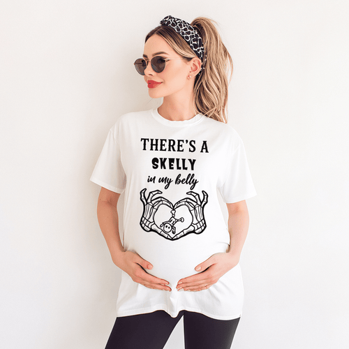 Theres a Skelly in My Belly Maternity Tee — Cute Skeleton Heart Pregnancy Shirt - Boo Crew Boutique