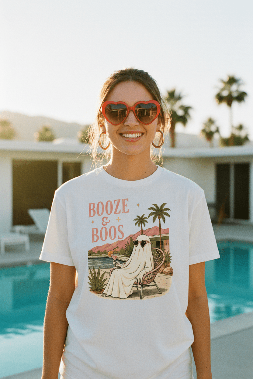 Booze & Boos T‑Shirt — Retro Palm Tree Ghost Graphic - Boo Crew Boutique