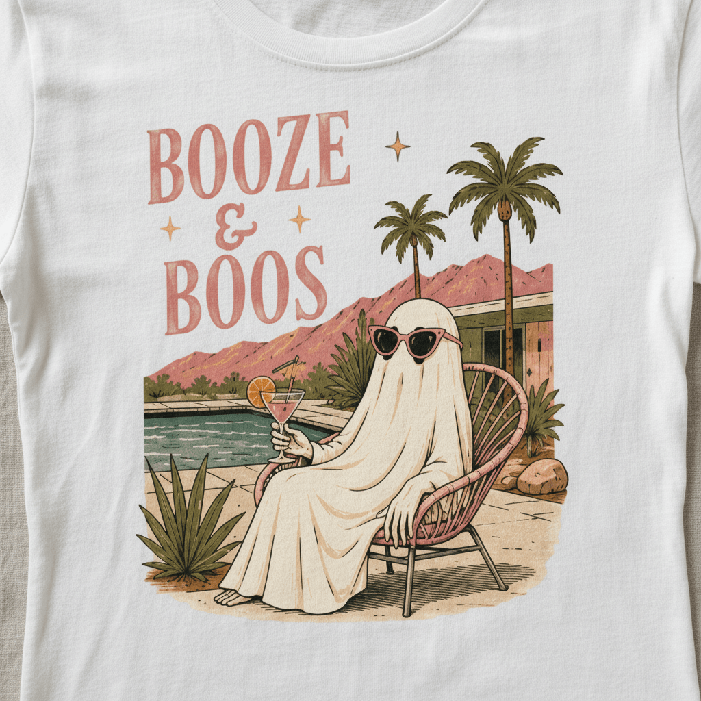 Booze & Boos T‑Shirt — Retro Palm Tree Ghost Graphic - Boo Crew Boutique