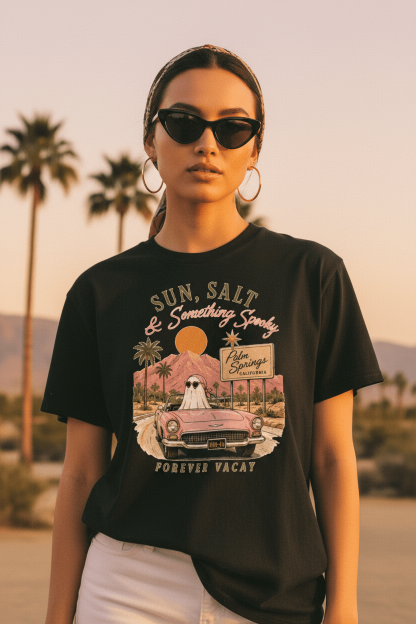 Sun, Salt & Something Spooky T-Shirt — Palm Springs Retro Sunset Tee - Boo Crew Boutique