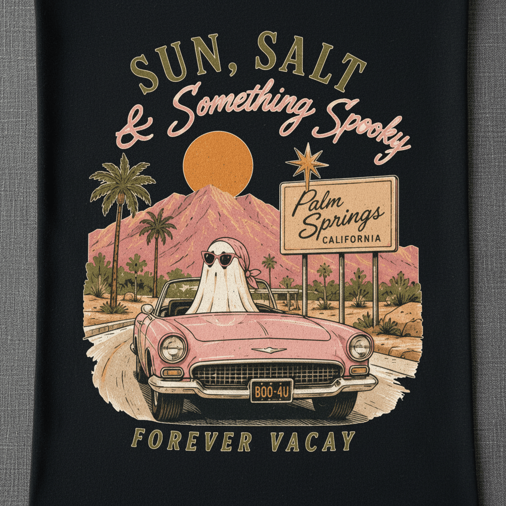 Sun, Salt & Something Spooky T-Shirt — Palm Springs Retro Sunset Tee - Boo Crew Boutique
