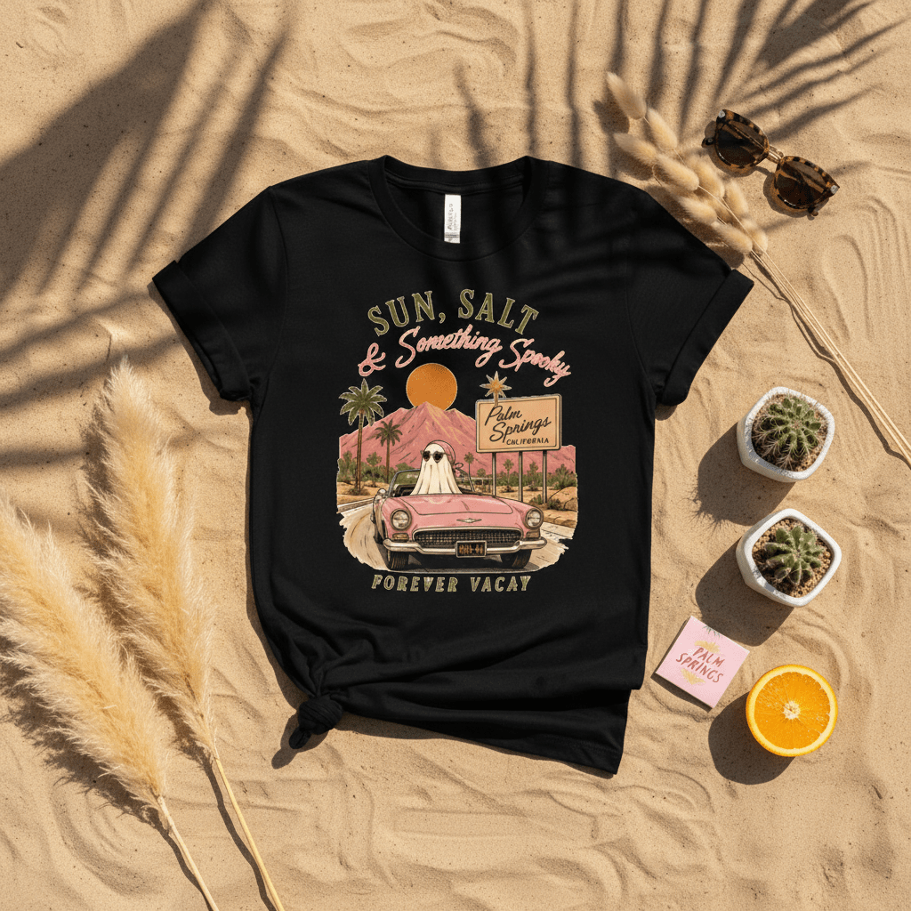 Sun, Salt & Something Spooky T-Shirt — Palm Springs Retro Sunset Tee - Boo Crew Boutique