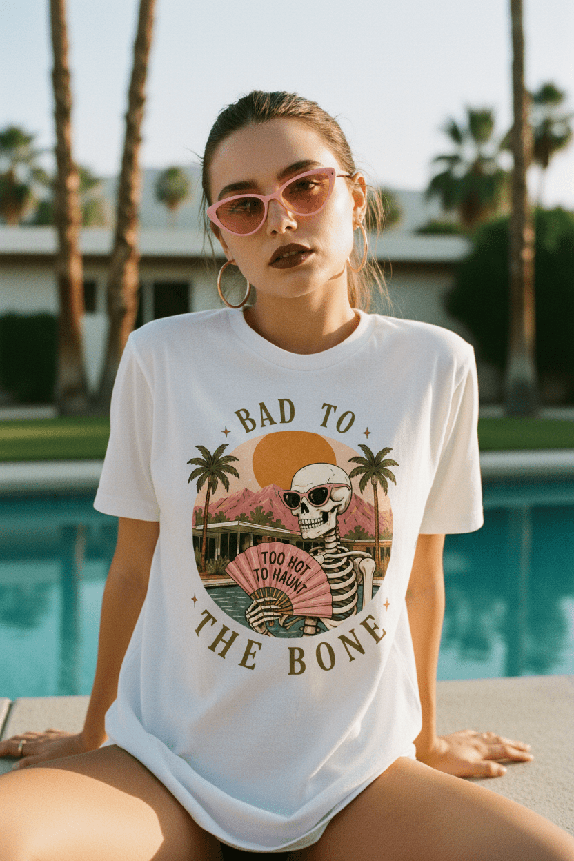 Skull Sunset T-Shirt — "Bad to the Bone" Retro Palm Beach Tee - Boo Crew Boutique