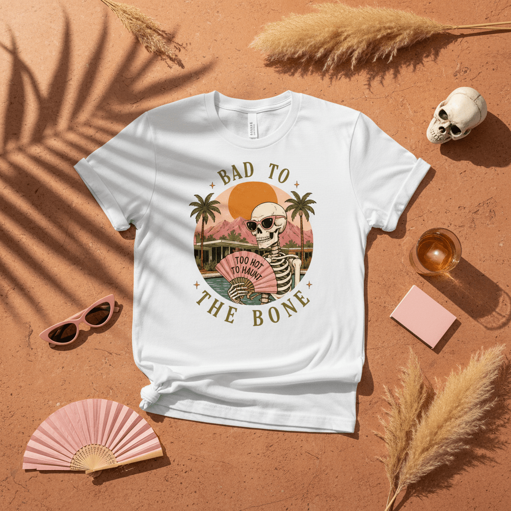 Skull Sunset T-Shirt — "Bad to the Bone" Retro Palm Beach Tee - Boo Crew Boutique