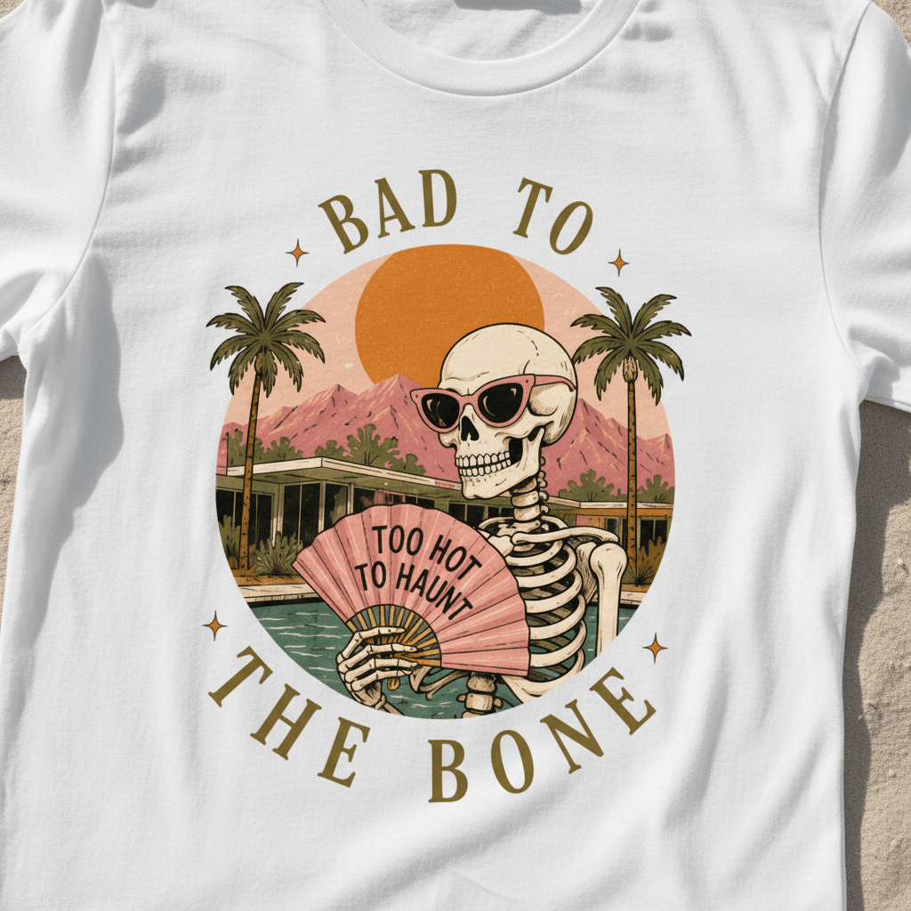 Skull Sunset T-Shirt — "Bad to the Bone" Retro Palm Beach Tee - Boo Crew Boutique