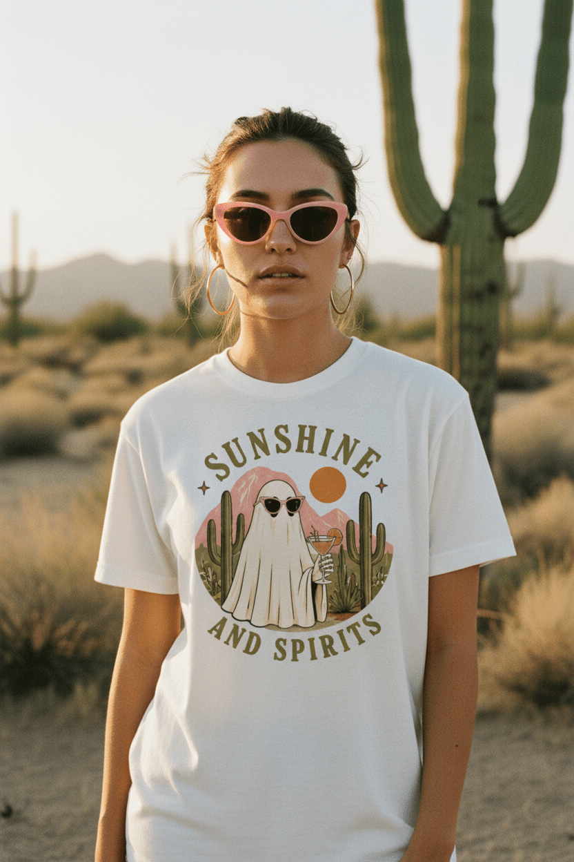 Sunshine and Spirits T-Shirt — Cute Desert Ghost Graphic Tee - Boo Crew Boutique