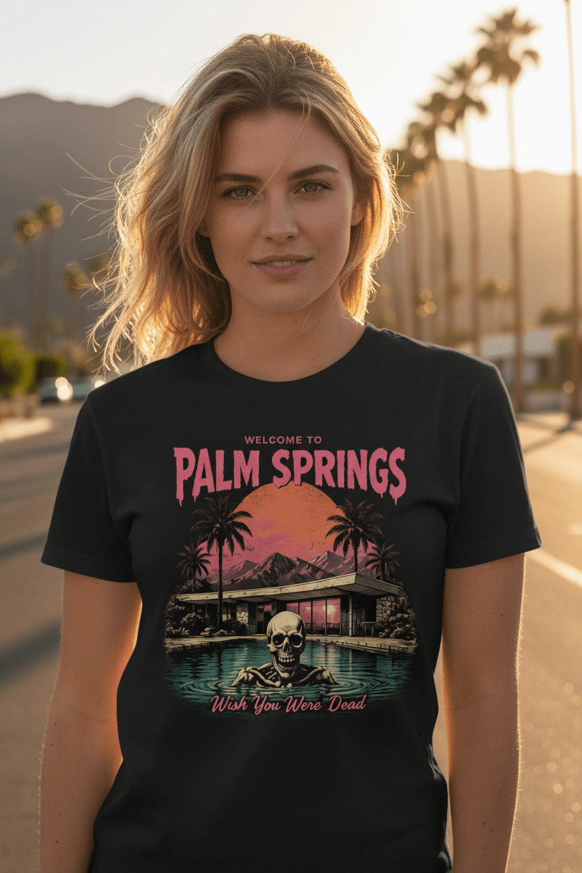 Welcome to Palm Springs T-Shirt — Retro Sunset Palm Trees & Skeleton Pool Design - Boo Crew Boutique