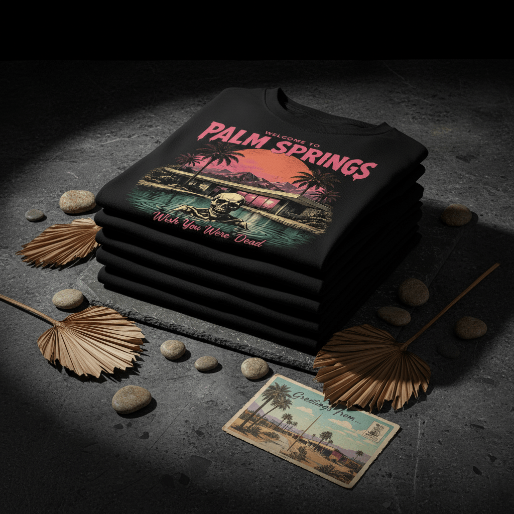 Welcome to Palm Springs T-Shirt — Retro Sunset Palm Trees & Skeleton Pool Design - Boo Crew Boutique