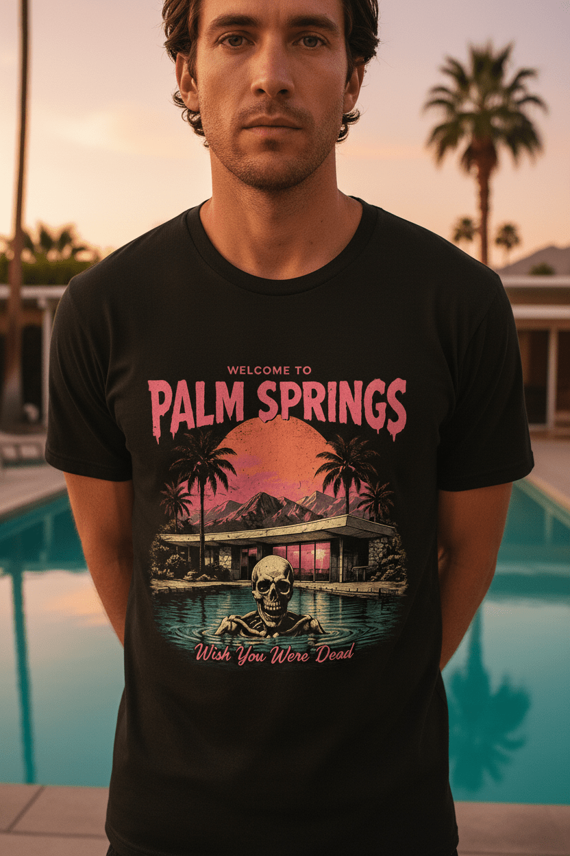 Welcome to Palm Springs T-Shirt — Retro Sunset Palm Trees & Skeleton Pool Design - Boo Crew Boutique