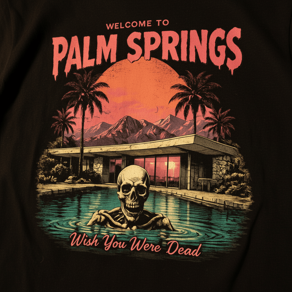 Welcome to Palm Springs T-Shirt — Retro Sunset Palm Trees & Skeleton Pool Design - Boo Crew Boutique