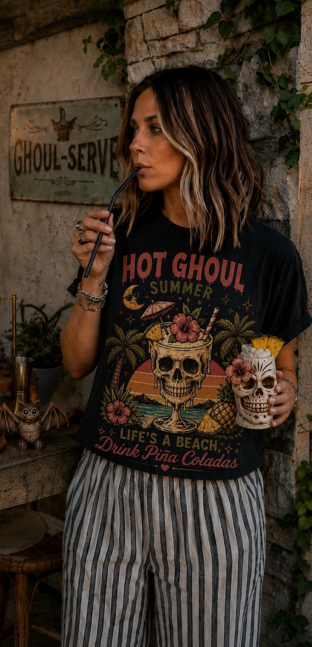 Tropical Skull Beach Vintage Graphic Tee - Boo Crew Boutique