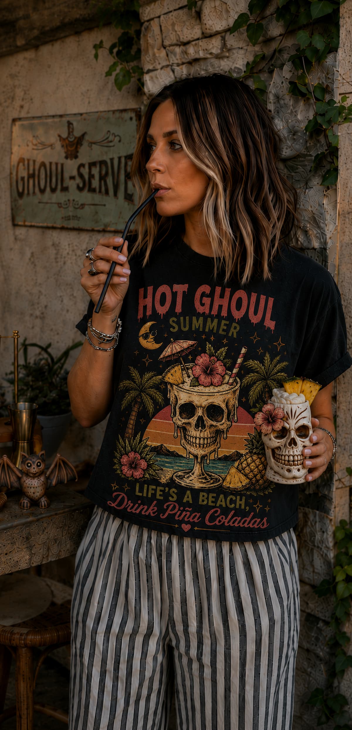 Tropical Skull Beach Vintage Graphic Tee - Boo Crew Boutique