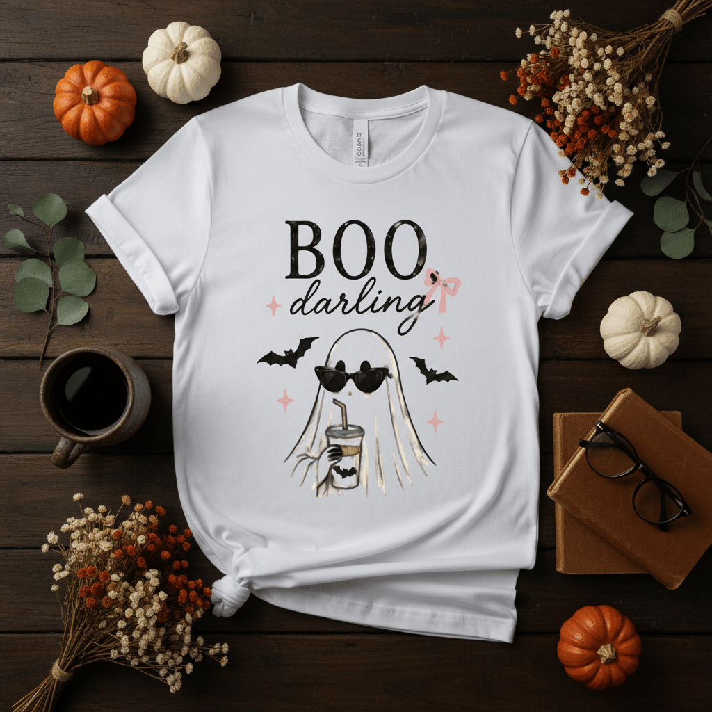 Boo Darling Halloween Tee — Cute Ghost with Sunglasses & Bats - Boo Crew Boutique