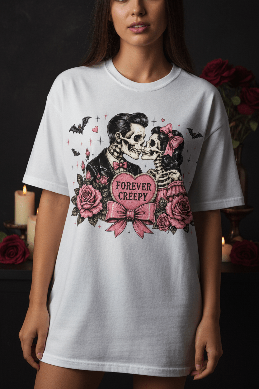 Forever Creepy Skull Couple T-Shirt — Gothic Romantic Halloween Tee - Boo Crew Boutique