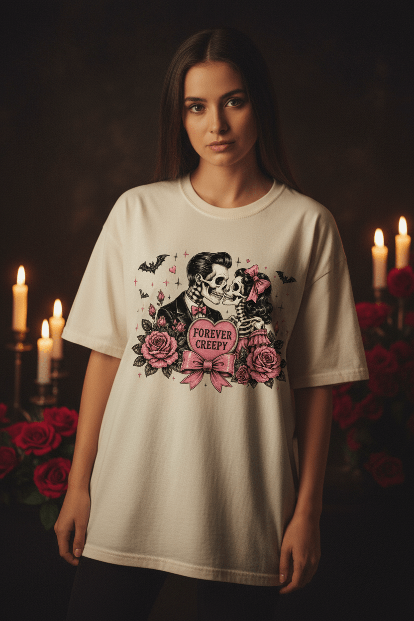 Forever Creepy Skull Couple T-Shirt — Gothic Romantic Halloween Tee - Boo Crew Boutique