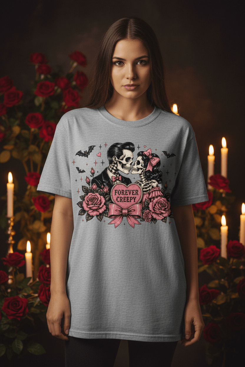 Forever Creepy Skull Couple T-Shirt — Gothic Romantic Halloween Tee - Boo Crew Boutique