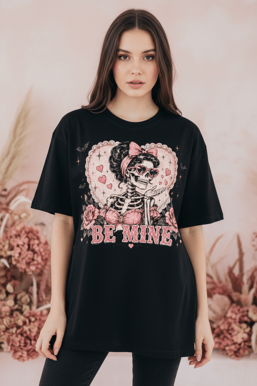 Valentine Skeleton Tee — "Be Mine" Retro Heart Skull T-Shirt - Boo Crew Boutique