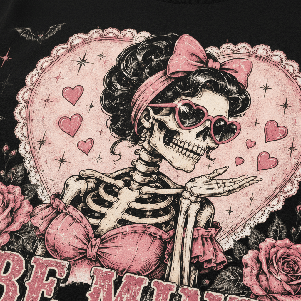 Valentine Skeleton Tee — "Be Mine" Retro Heart Skull T-Shirt - Boo Crew Boutique