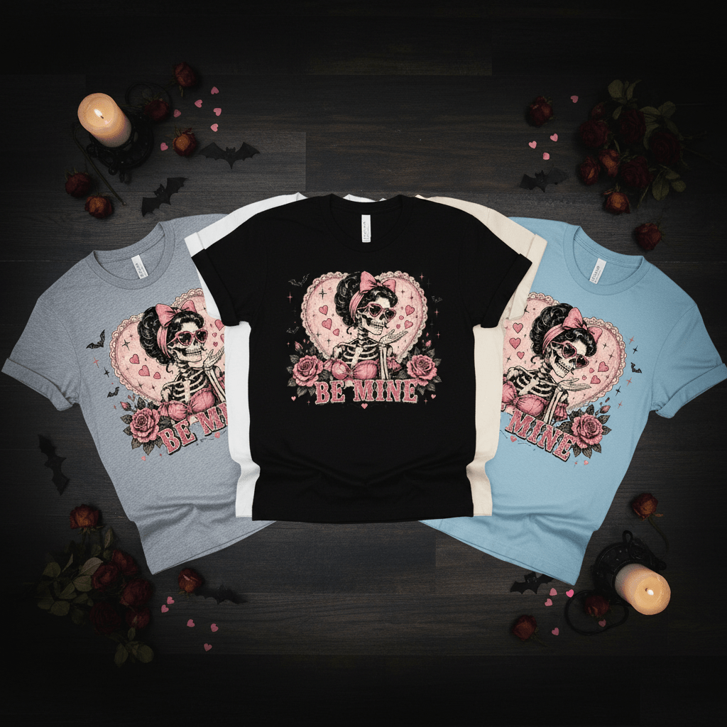 Valentine Skeleton Tee — "Be Mine" Retro Heart Skull T-Shirt - Boo Crew Boutique