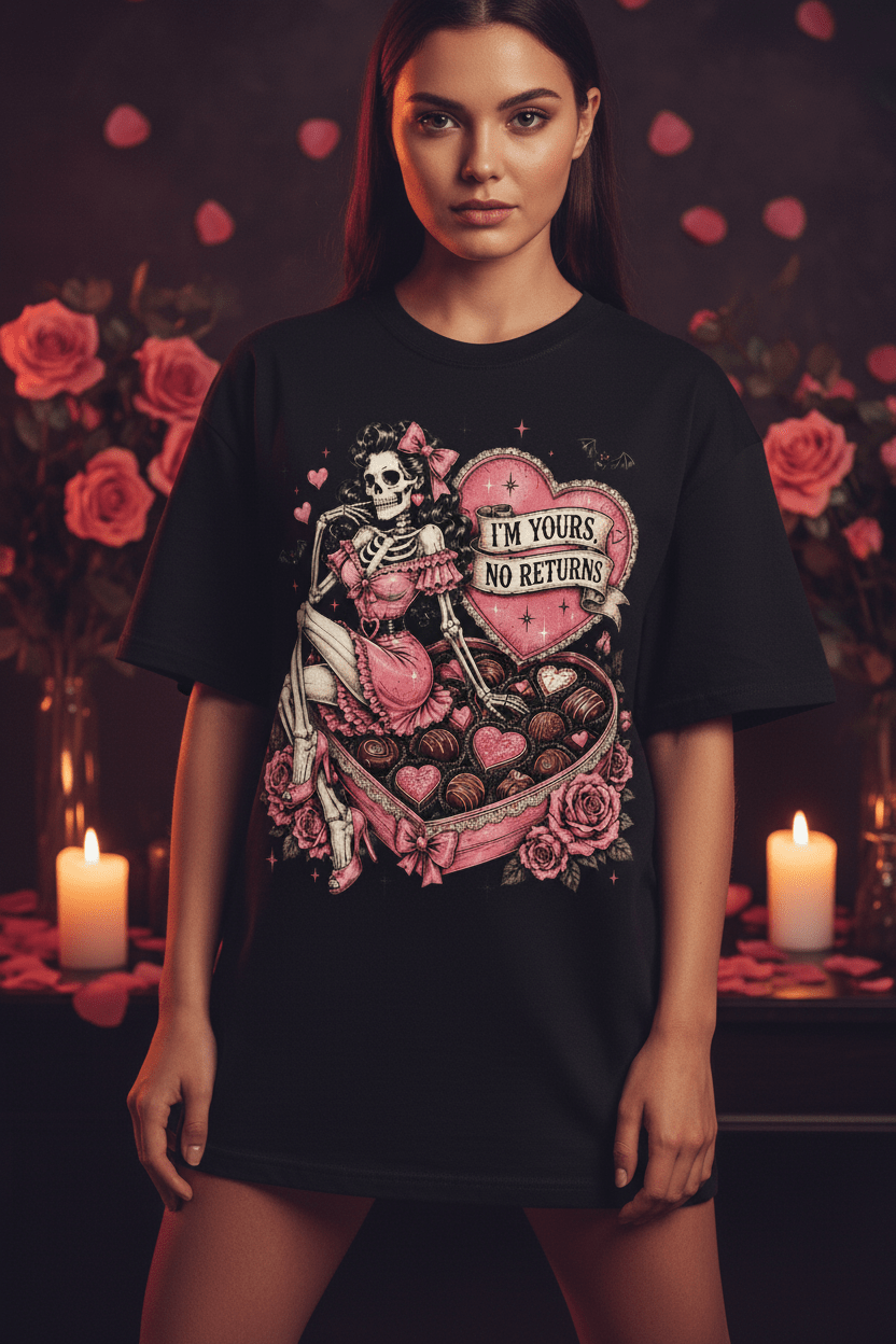 Skeleton Valentine T-Shirt — "I'm Yours, No Returns" Gothic Heart Tee - Boo Crew Boutique