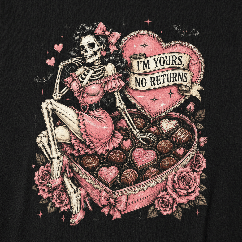 Skeleton Valentine T-Shirt — "I'm Yours, No Returns" Gothic Heart Tee - Boo Crew Boutique